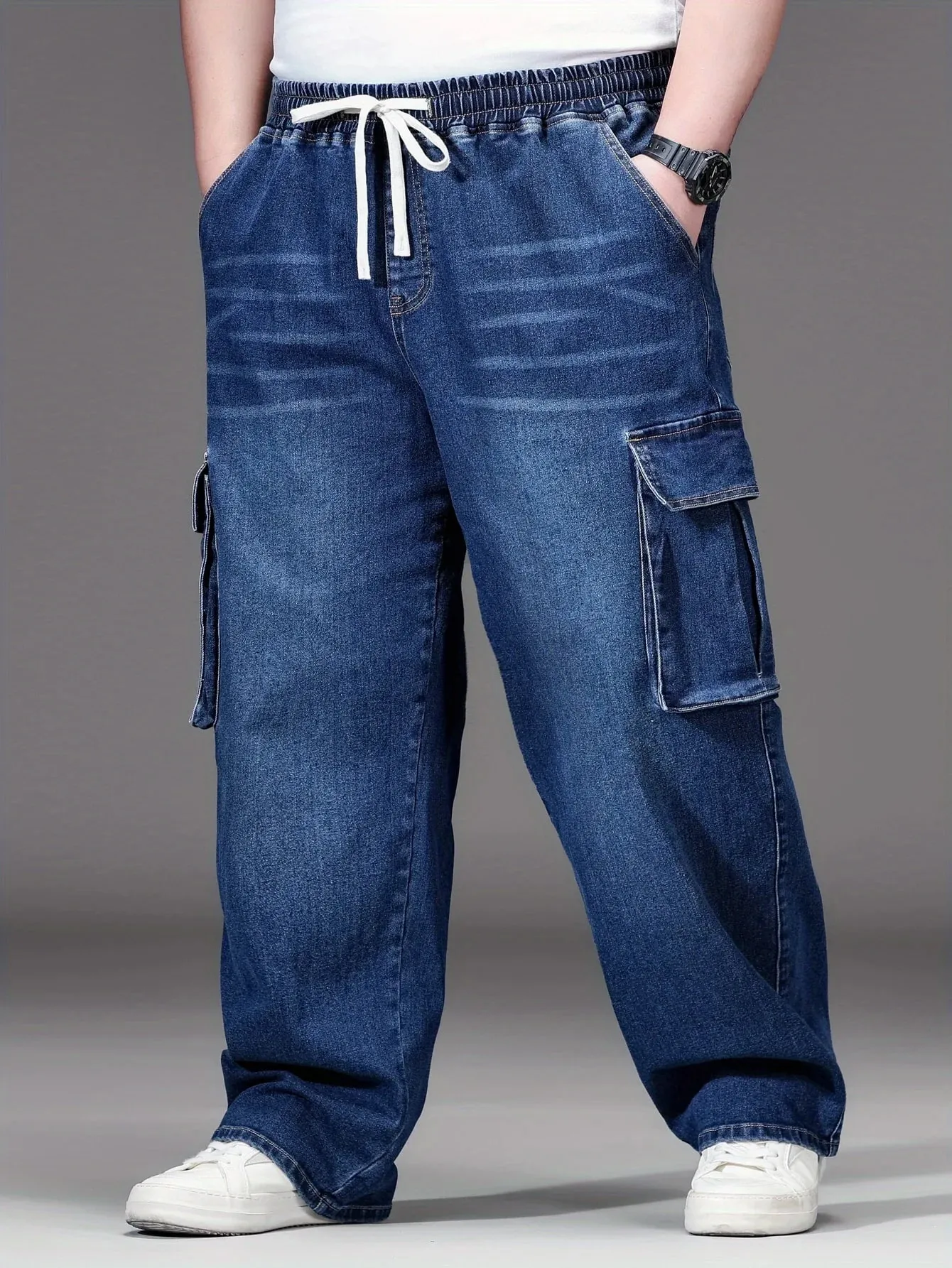 2026 nya män oversized jeans hög midja elastisk dragsko Stretch Baggy jeansbyxor Casual Mångsidiga byxor i plusstorlek