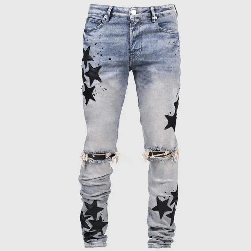 Kakan - New Men's Blue Slim Fit Patch Jeans Y2k Printed Design Long Jeans Jeans Man Brand — image 11