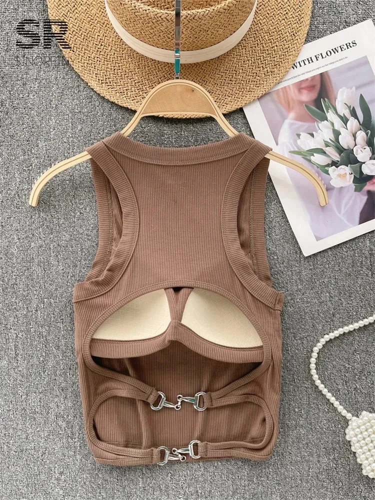 Ærmeløs striktop Dame Rygløs koreansk BH O-hals Solid elastisk talje Dame Elegant Mode Casual Crop Top — image 5