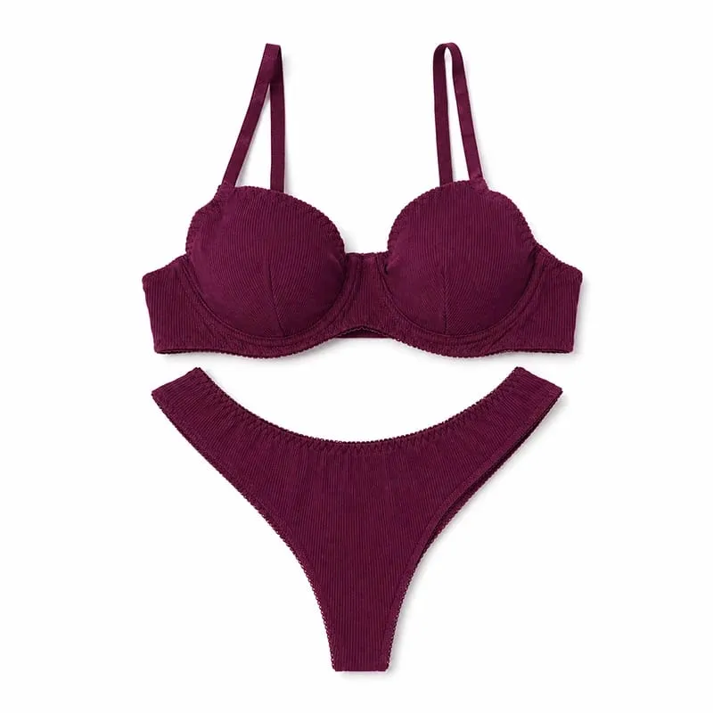 Set di biancheria intima da donna a costine tinta unita con ferretto e coppa sottile abbinato a perizoma a vita bassa morbido intimo quotidiano — image 10