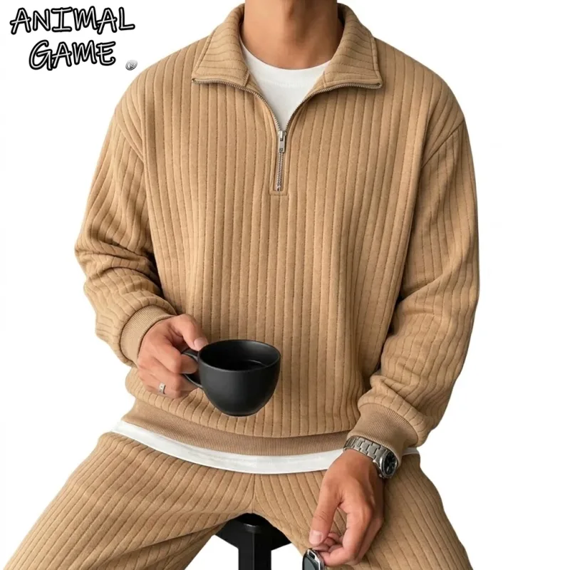 Quarter Zip Ανδρικά Φούτερ Πολυτελή Μονόχρωμες Ρίγες Πουλόβερ Φούτερ με Κουκούλα Γυμναστήριο Άνδρας V Λαιμός Φερμουάρ Πουκάμισα Μακρυμάνικα Ανδρικά Παλτά — image 2