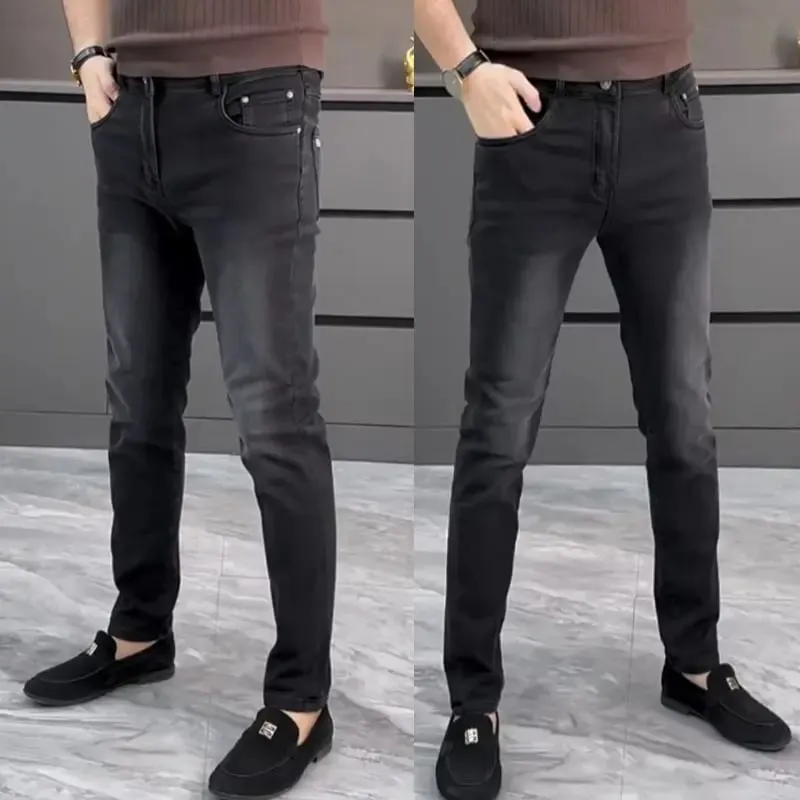 High-end Jeans erkek İlkbahar ve Yaz Çok Yönlü Ince Pantolon Siyah Trendy Marka İş Pantolon Erkek Giyim Düşük Rise Jeans