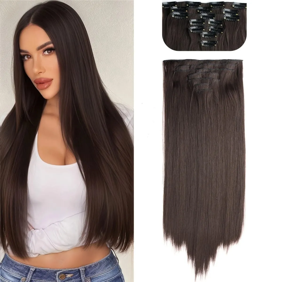 Coiffure longue droite 16 Clips 7 pièces/ensemble Extensions de cheveux postiches synthétiques blondes noires naturelles résistantes à la chaleur pour les femmes — image 7