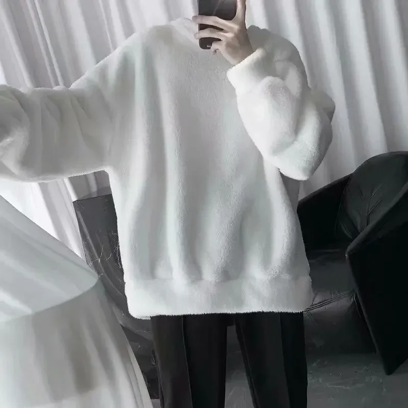 Sudadera de gran tamaño de Color sólido con pelo de cordero y cuello redondo, sudadera de manga larga para hombre, sudaderas holgadas de moda coreana, ropa de calle Harajuku