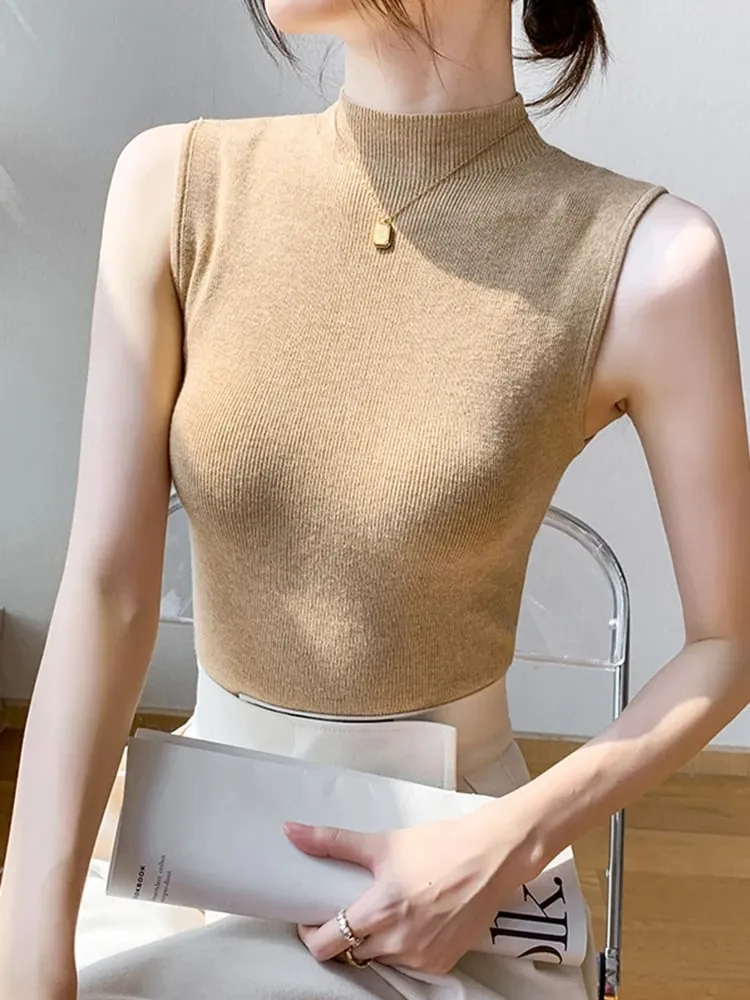 Sexy Sommer Rollkragen Tank Tops Frauen Gerippte Ärmel Solide Schlank Top Weibliche Sleveless Leibchen Weste Beiläufige Gestrickte Camis 2026 — image 2