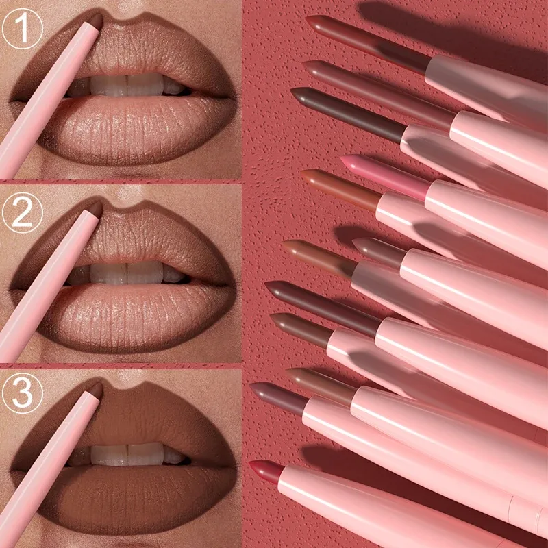 12 สี Matte สีแดงสีน้ำตาล Lipliner ดินสอกันน้ำ Non-stick Cup Slim ลิปสติก Make Up Nude Pink Lip Liner เค้าร่าง Lip Contour — image 4