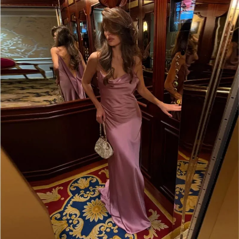Robe longue en Satin pour femmes, dos nu, col en V, sans manches, fente, couleur unie, Sexy, Robes de soirée, vacances, été, 2026 — image 14