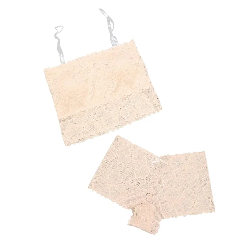 Set reggiseno in pizzo senza spalline scavato senza fili da donna Set con cinturino per spaghetti Elegante mutandine in pizzo Intimo morbido Set di lingerie da donna — image 7