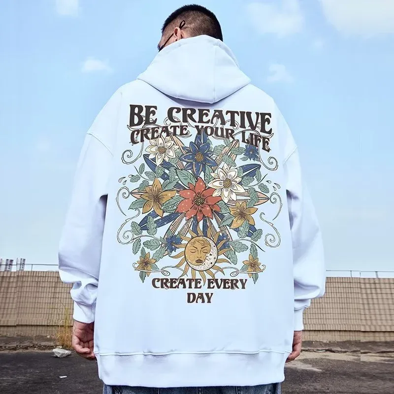 M-8XL Oversized Hoodies Men American Sun Moon Flower Print Oversized Hoodie Loose Hoodie Student's Large Hooded Sweater
