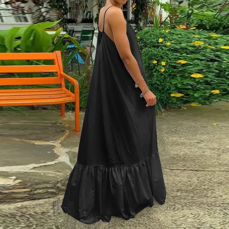 Spring Dress For Women Sexy Solid Strap Dress Pocket Loose Backless Big Swing Dresses Holiday Dresses For Women Wedding Guest — image 5