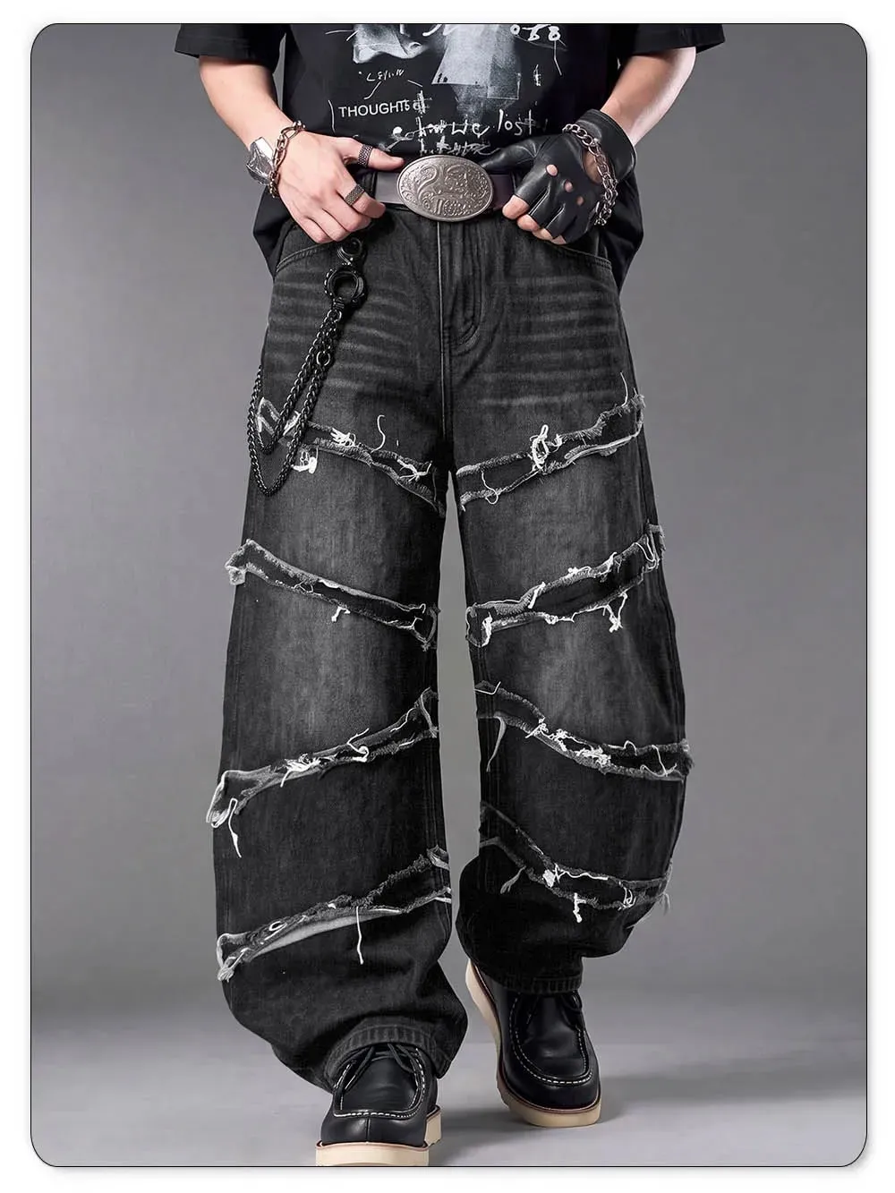 Gothic baggy jeans til mænd, rå flosset kant, dekonstrueret patchwork denimbukser med brede ben Y2K Punk Streetwear-bukser