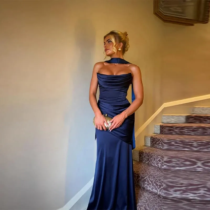 Women Sexy Pleated Strapless Satin Dress Chic Solid Off-Shoulder Backless High Waist Bodycon Dresses 2026 New Evening Party Gown — image 3