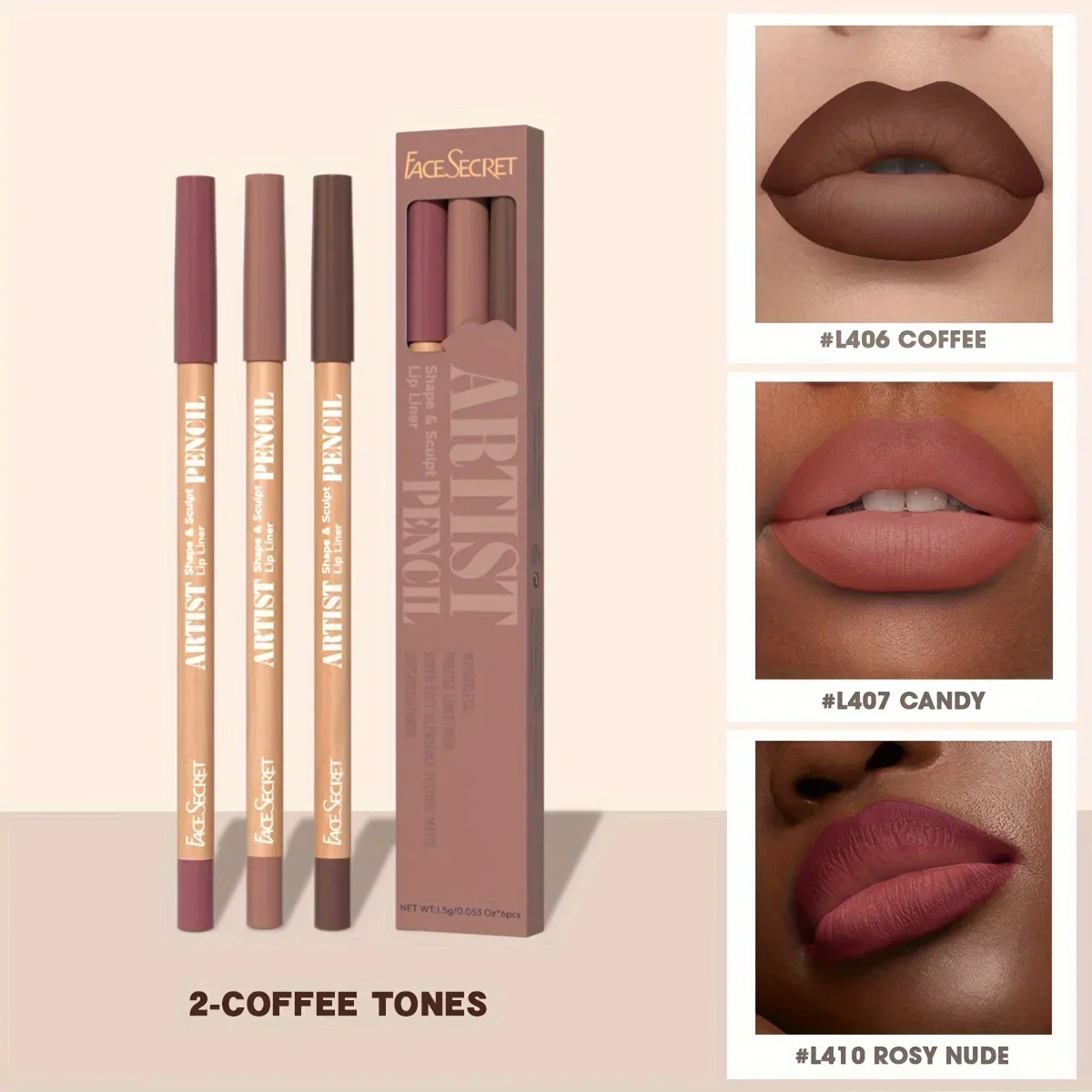 Face Secret 3 ชิ้นชุด Nude Lip Liner Natural Matte ยาวนานกันน้ำสูงสี Hook Line ดินสอเขียนขอบปากแต่งหน้า — image 5