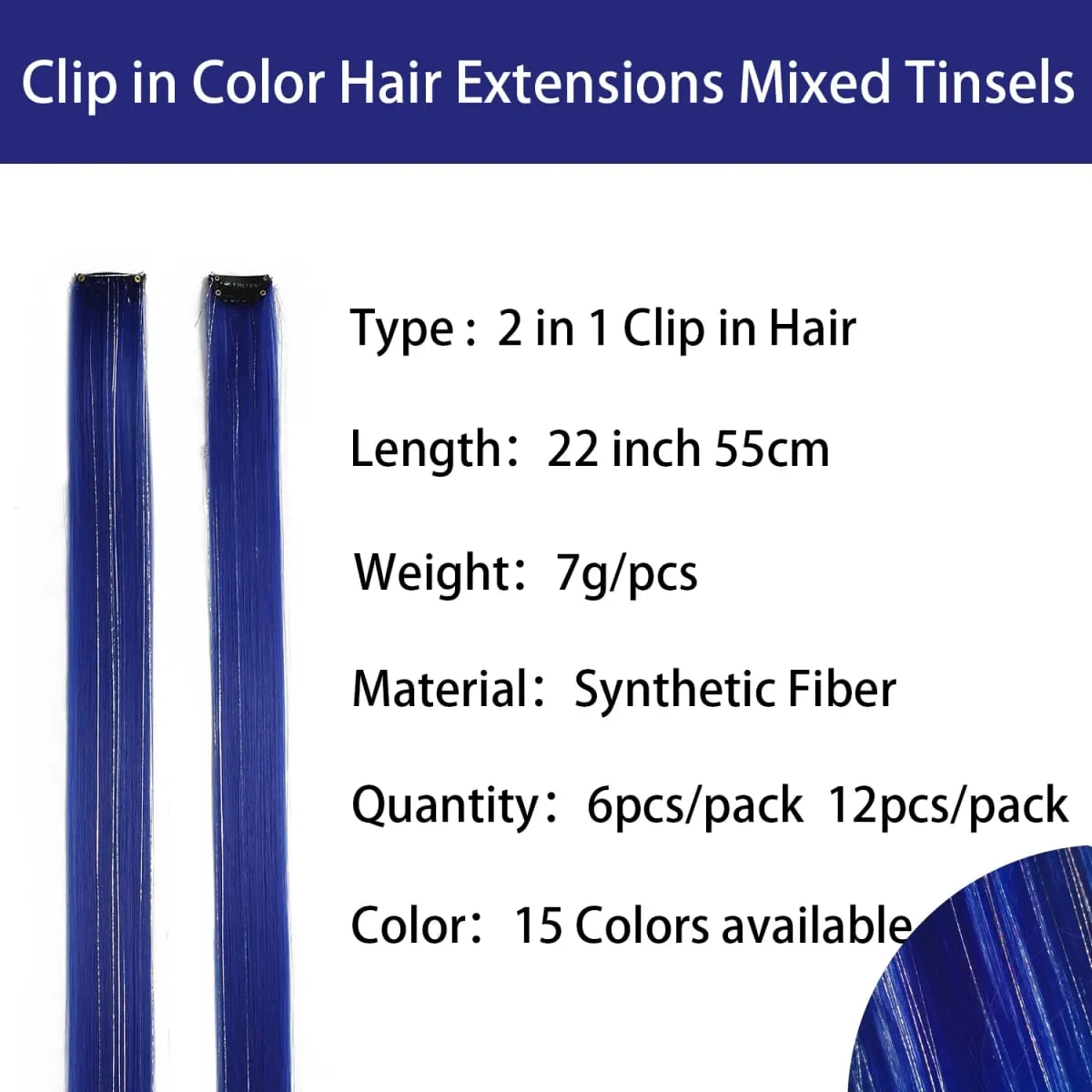 Clip in Colored Hair Extensions Mixed Silver Tinsels Synthetic 2 in 1 Rainbow Hairpiece Holiday Party Highlights for Women Girls — image 3