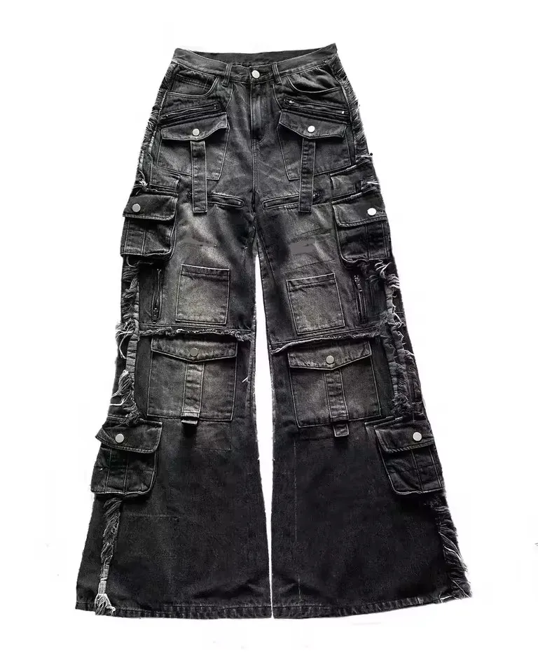Y2Kสีดำหลายกระเป๋าCargoกางเกงยีนส์ผู้ชายผู้หญิงขากว้างDistressed Frayed Hem Flapกระเป๋าปุ่มรายละเอียดBaggy Streetwearกางเกง — image 3