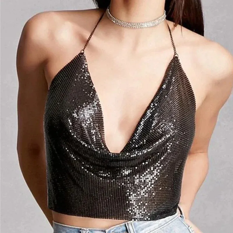 Sexy Tank Top Shiny Metal Sequins Bare Midriff Halter with Chain Crop Tops Women Sleeveless Cropped Vest Camis Tube Top Female