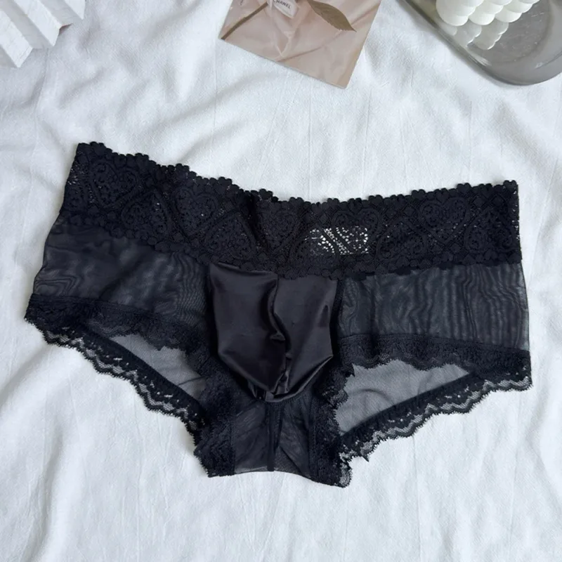Men Ice Silk Lace Trim Thin Seamless Briefs Glossy 3D Pouch Lightweight Underwear Panties Comfortable Daily Lingerie — image 9