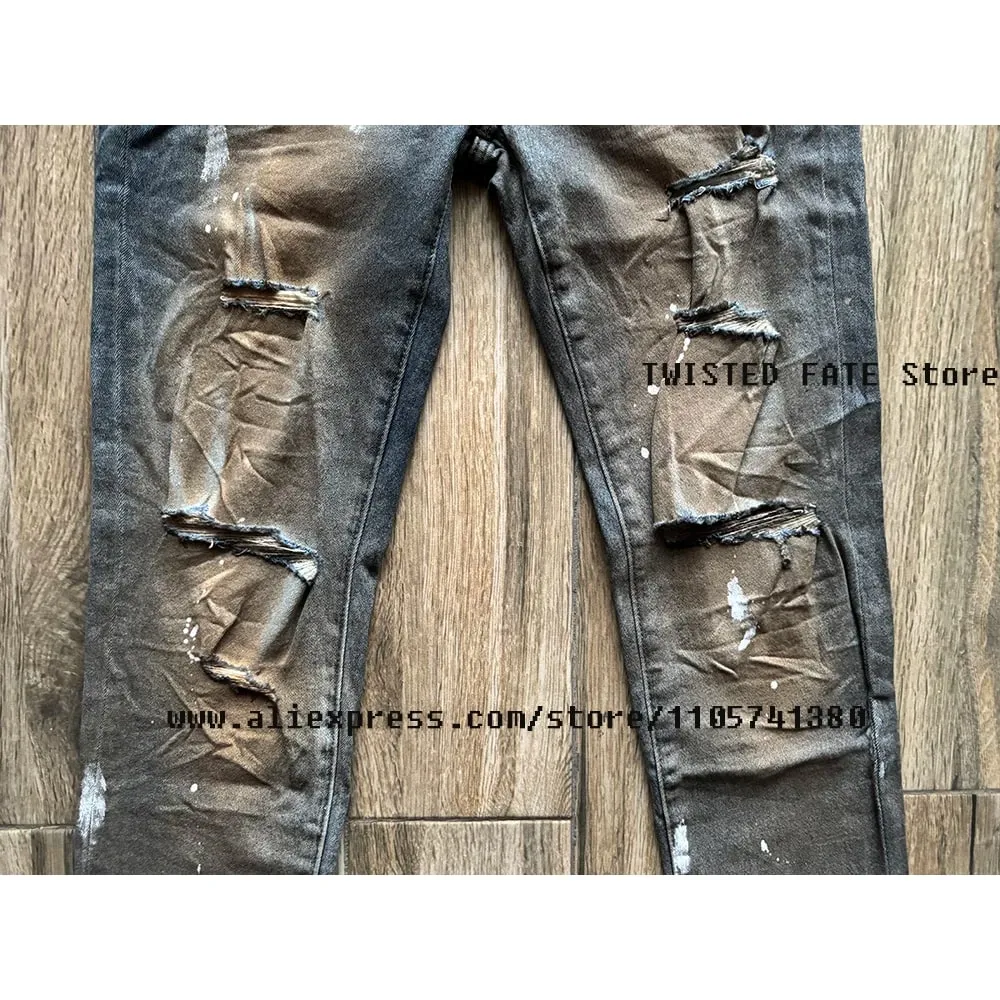 ผู้ชาย High Street Distressed Dirty Washed สีฟ้าตัดยืด Skinny & Slim Fit สเปรย์ทาสี Ripped กางเกงยีนส์ — image 5