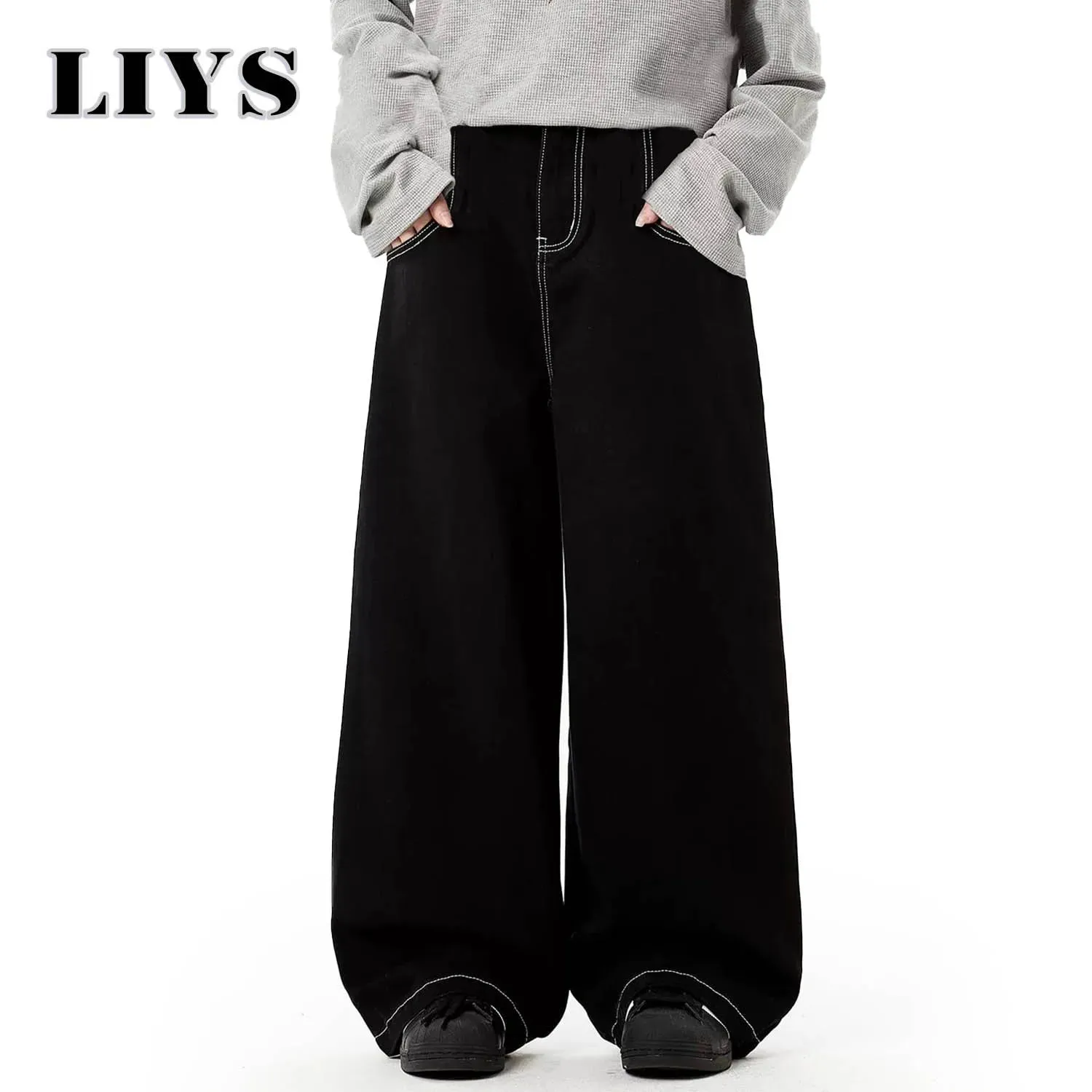 Wiosenne letnie męskie retro czarne luźne dżinsy z szeroką nogawką amerykański podstawowy unisex codzienny codzienne spodnie dżinsowe damskie czarne dżinsy w stosy
