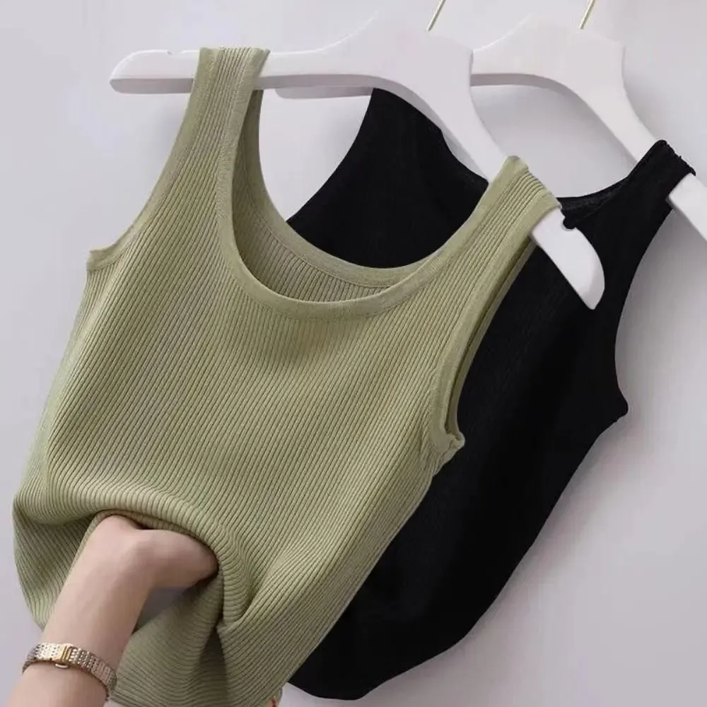 2024 Polyester Sexy košilka bez rukávů Základní top Jednobarevné Letní Košilka Streetwear Trička Tričko Jarní Pletené Tílko Dámské — image 3