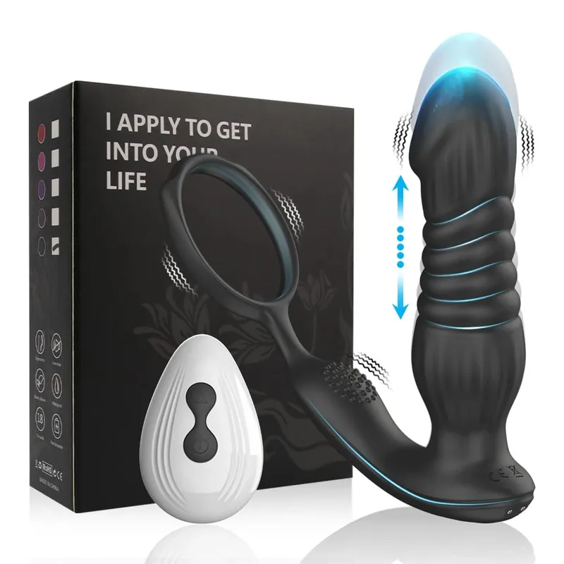 Thrusting Anal Vibrator with Cock Ring Prostate Massager Anal Plug Vibrator Remote Control Butt Plug Sex Toy for Men and Couple