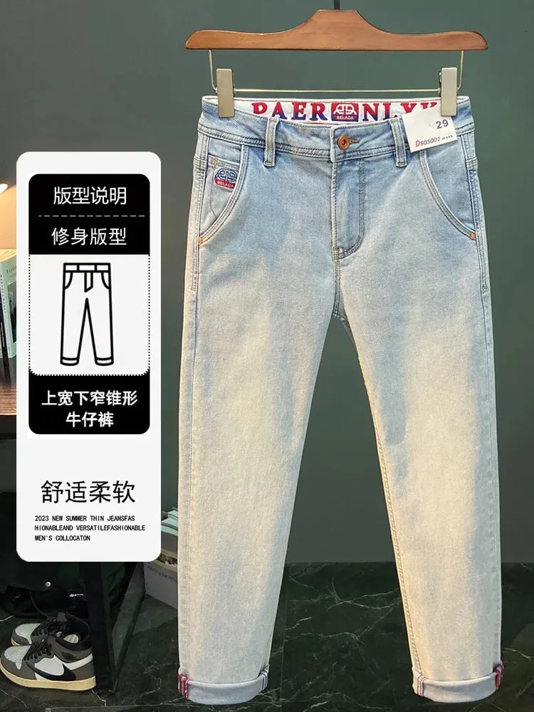 พิมพ์ปักฤดูร้อนอินเทรนด์กางเกงยีนส์ผู้ชายสีฟ้ายืดหยุ่น Slim Fit ขนาดเล็กกางเกงบาง — image 4