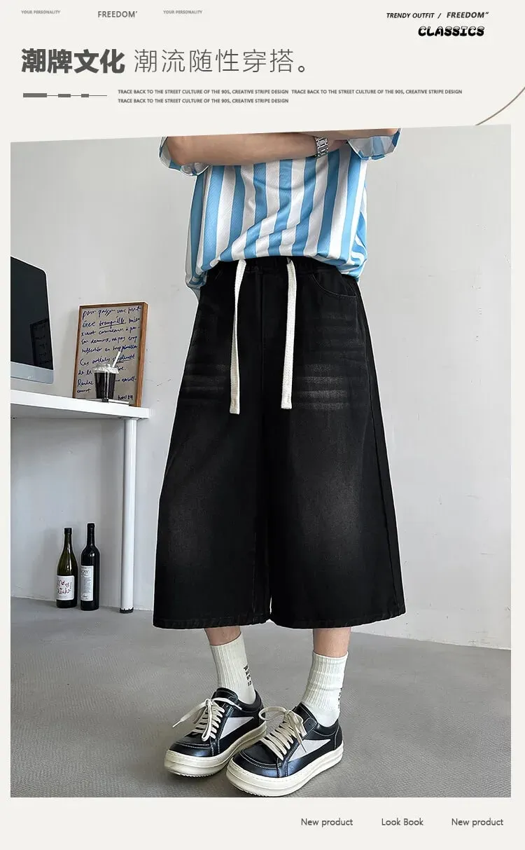 Loose Fit Cropped Jeans Elastic Drawstring Waist Stretch Denim Casual Wear Comfort Men Baggy Denim Pants Man 2023 Fashion Trendy — image 6