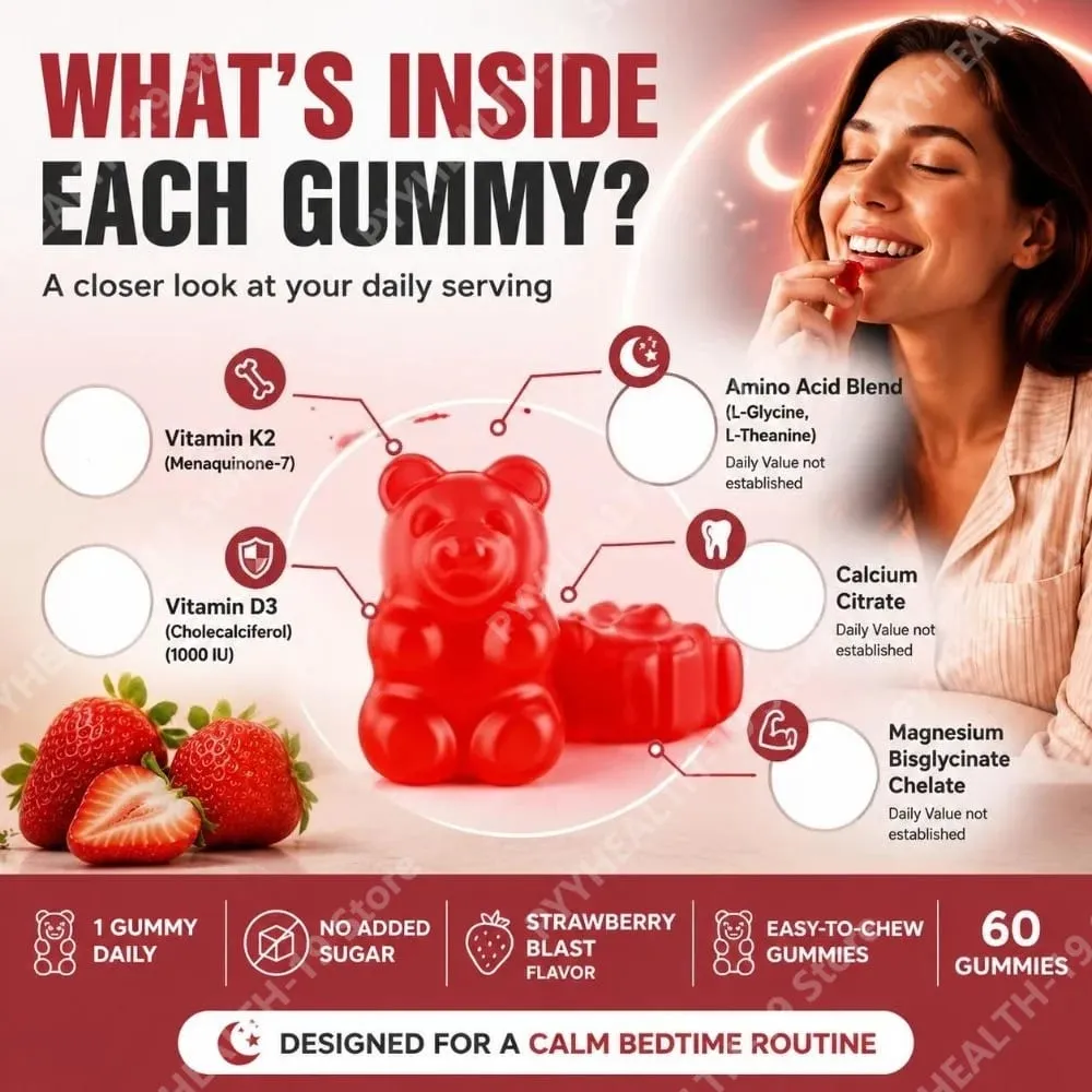 Gummies nutritionnelles avec vitamine K2 D3 Calcium et magnésium pour la santé des os et la relaxation Soutien au bien-être du sommeil Adultes 60 Gummies — image 7