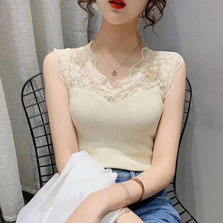 Summer V-neck Lace Stitching Pullover Sleeveless T-shirt Women's See-through Ice Silk Vest Suspender Knitted Base Layer Women — image 5