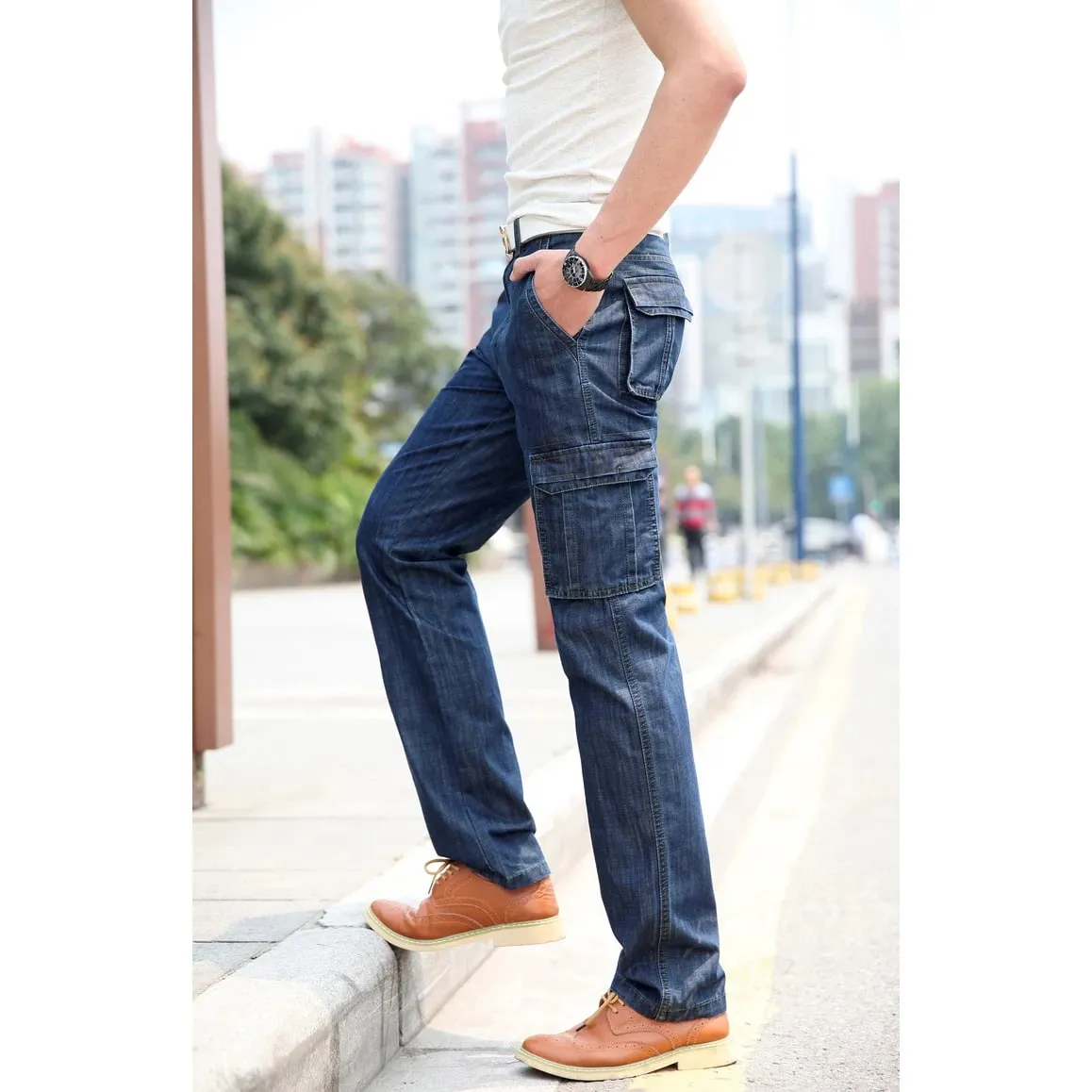 Yüksek Kaliteli erkek Kot Çok Cep Denim Kargo Pantolon Büyük Boy Rahat Pantolon Erkek Giyim Gevşek Pantolon 29-44 — image 2