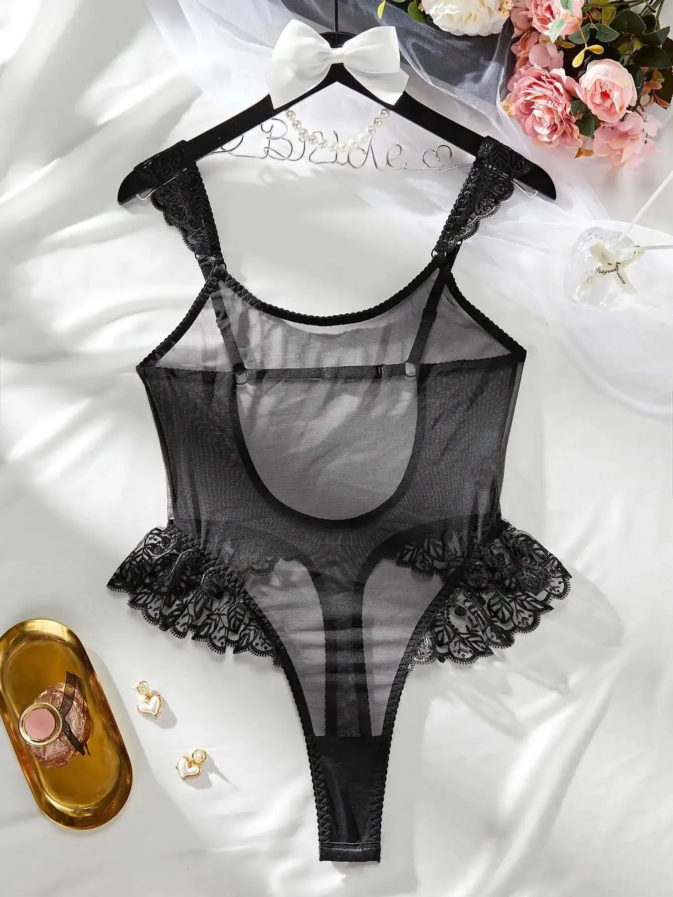 Bagong Sexy Bodysuits Ruffled Edges Patchwork Mesh Sexy Perspective Backless Deep V Suspender Walang Sleeveless Bodysuits Charming 5ZAL — image 7
