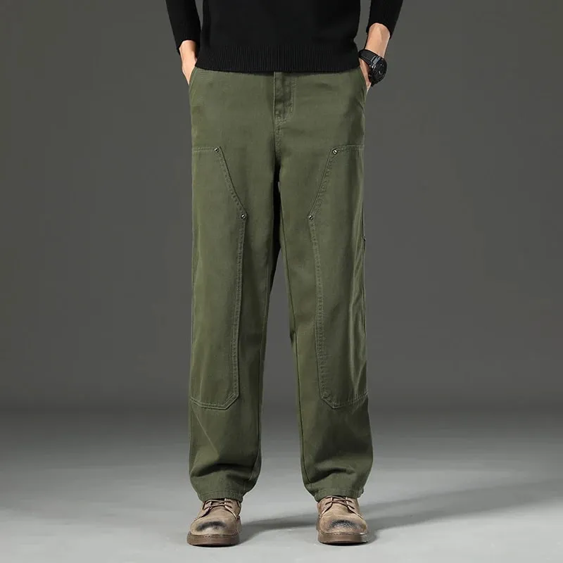 Haute qualité printemps nouveau Style droit ample hommes pantalons décontractés Rivet épissage Style Safari coton pantalon armée vert jean
