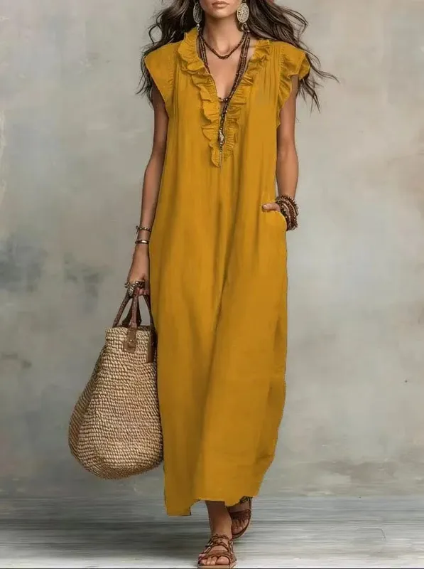 2026 Estate Donna Boho Cotone Lino Maxi Abito Tinta unita Ruffle Scollo a V Senza maniche Abiti lunghi larghi con tasche Casual Beach — image 7