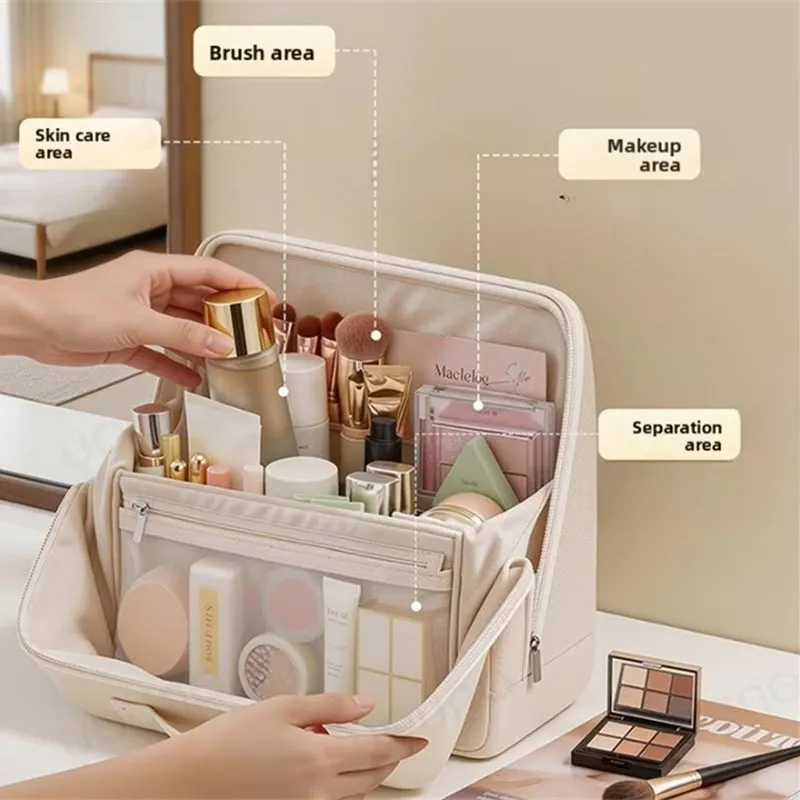 Stehende Aufbewahrungstasche für Make-up-Pinsel, PU-Leder, Kosmetiktasche mit mehreren Fächern, großes Fassungsvermögen, Organizer für Hautpflege- und Toilettenartikel — image 4
