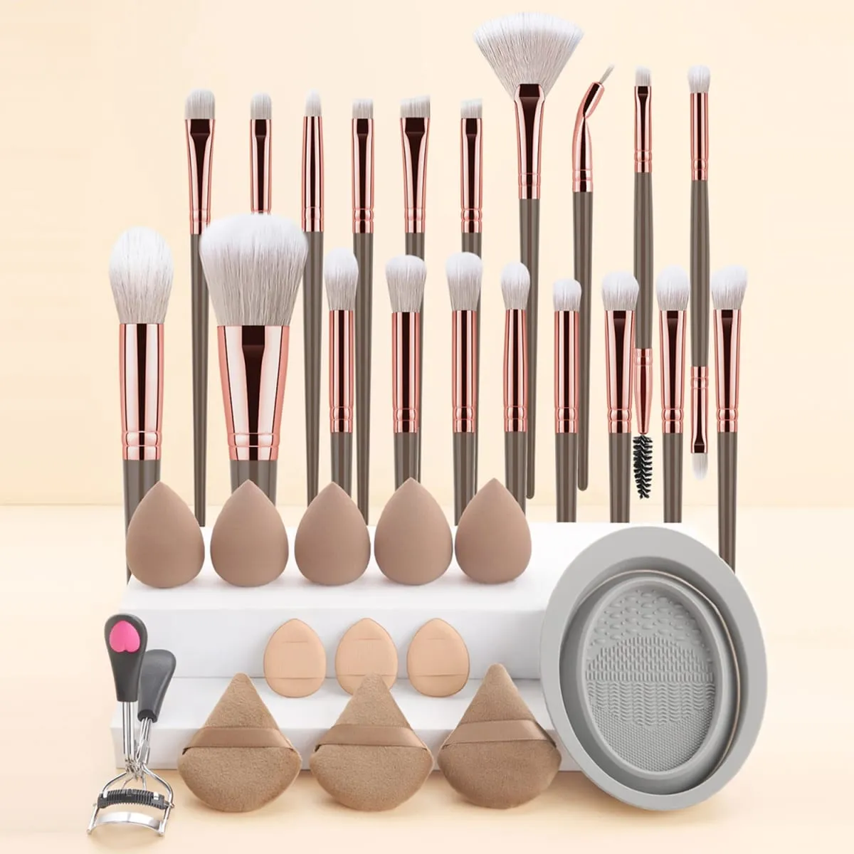 33 Buah Kit Alat Rias 20 Kuas Rias dengan Mangkuk Pembersih Puff Bedak Set Rias Mata Wajah Penuh Penjepit Bulu Mata — image 1
