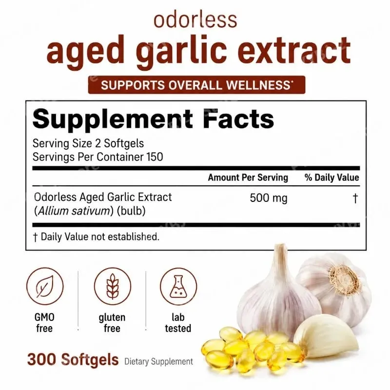Odorless Garlic Oil Capsules 2 Years Aged Garlic Extract Natural Herbal Supplements Wirh Grown Allium Sativum Bulb 300 Softgels — image 2