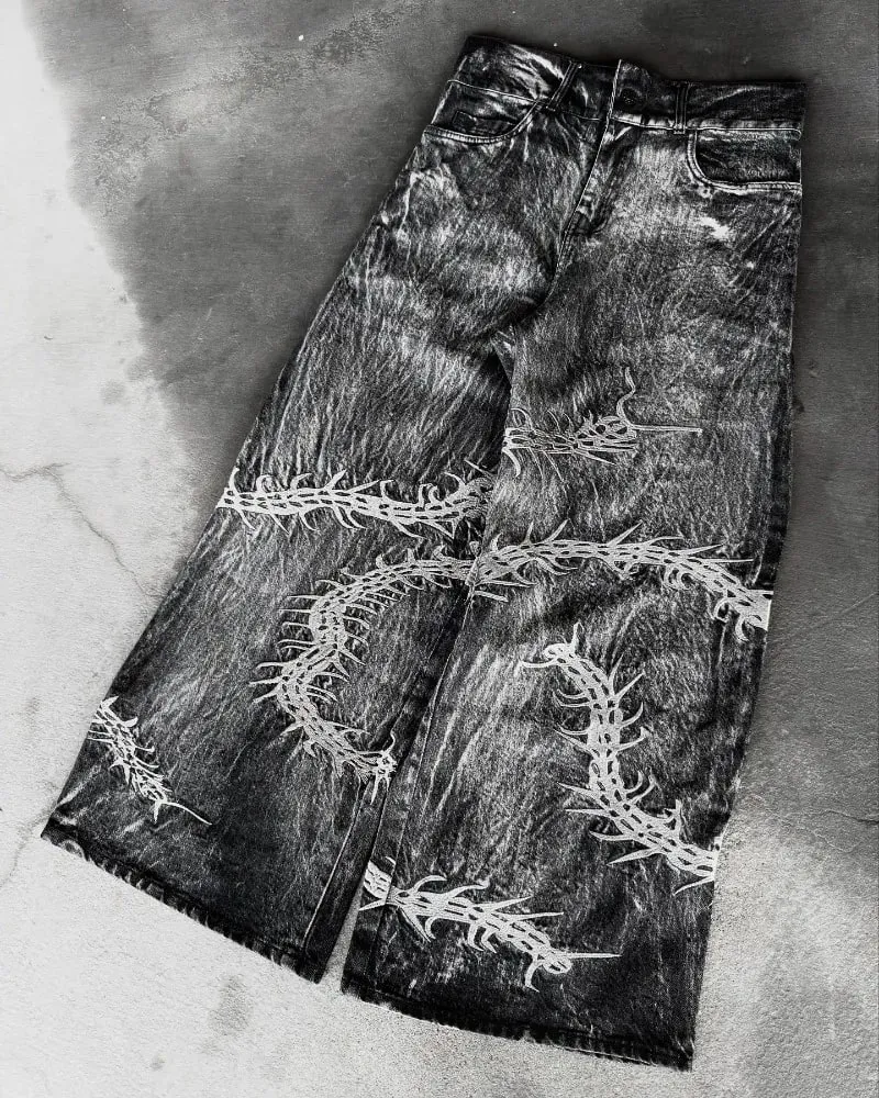 90s Gothic Centipede Embroidery Washed Oversized Wide-Leg Pants Jeans Men Y2K New Harajuku Punk Hip-Hop Rock Couple Street Wear — image 6