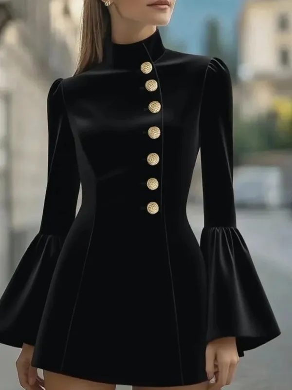 Autumn temperament slim solid colour stand-up collar flared sleeve single-breasted suit dress — image 5