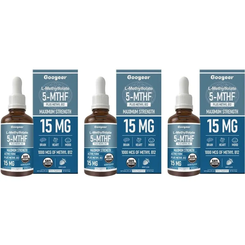 Googeer L-metilfolato 5-MTHF gocce liquide con metil B12 15 mg 1000 mcg Forza massima Cuore Cervello Supporto per l'umore 60 ml