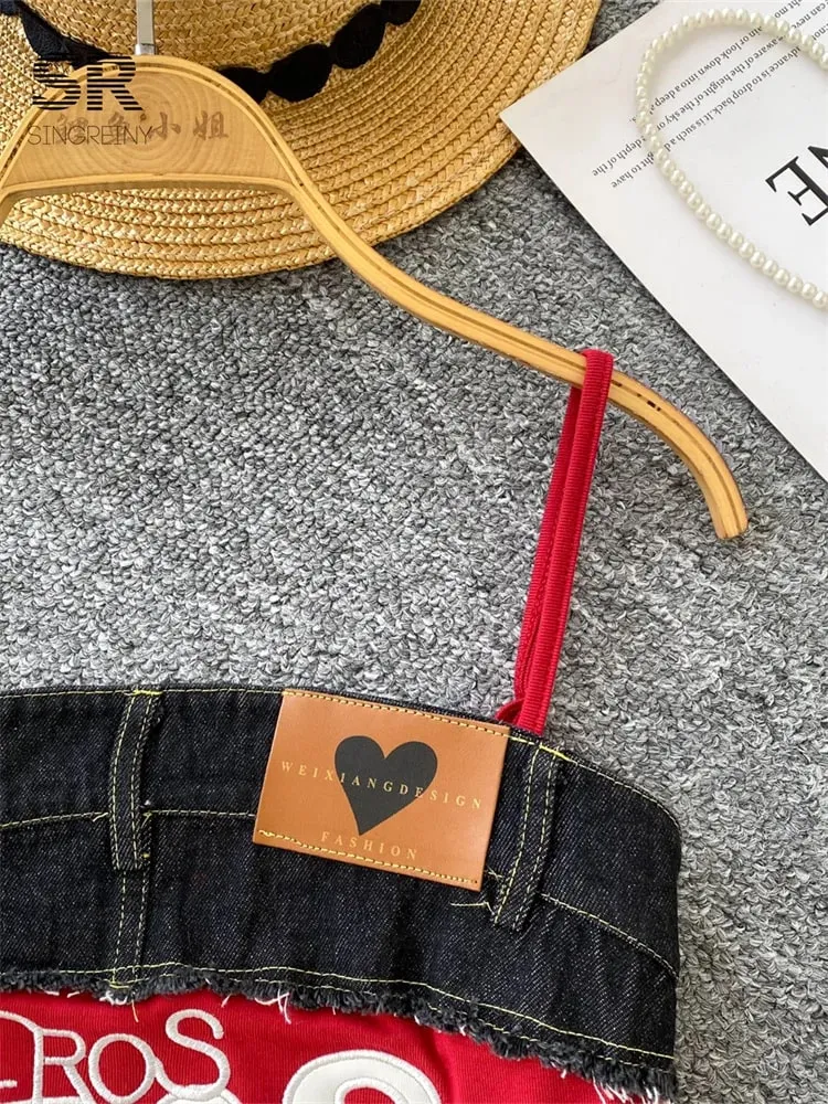 American Retro Y2k Strap Tops Letter Embroidery Denim Patchwork Fashion Design Women Hotsweet Streetwear Slim Crop Top — image 4