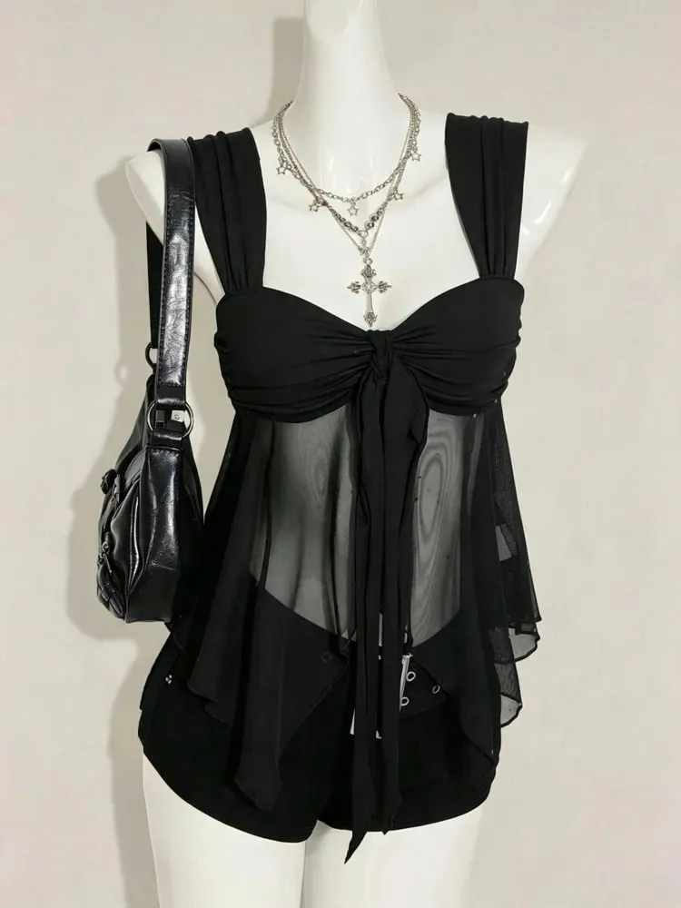 Top da donna con scollo a cuore, senza schienale, in rete, con pieghe, cinturino a pieghe, top corto a trapezio, estivo, sexy, carino, elegante, morbido e confortevole