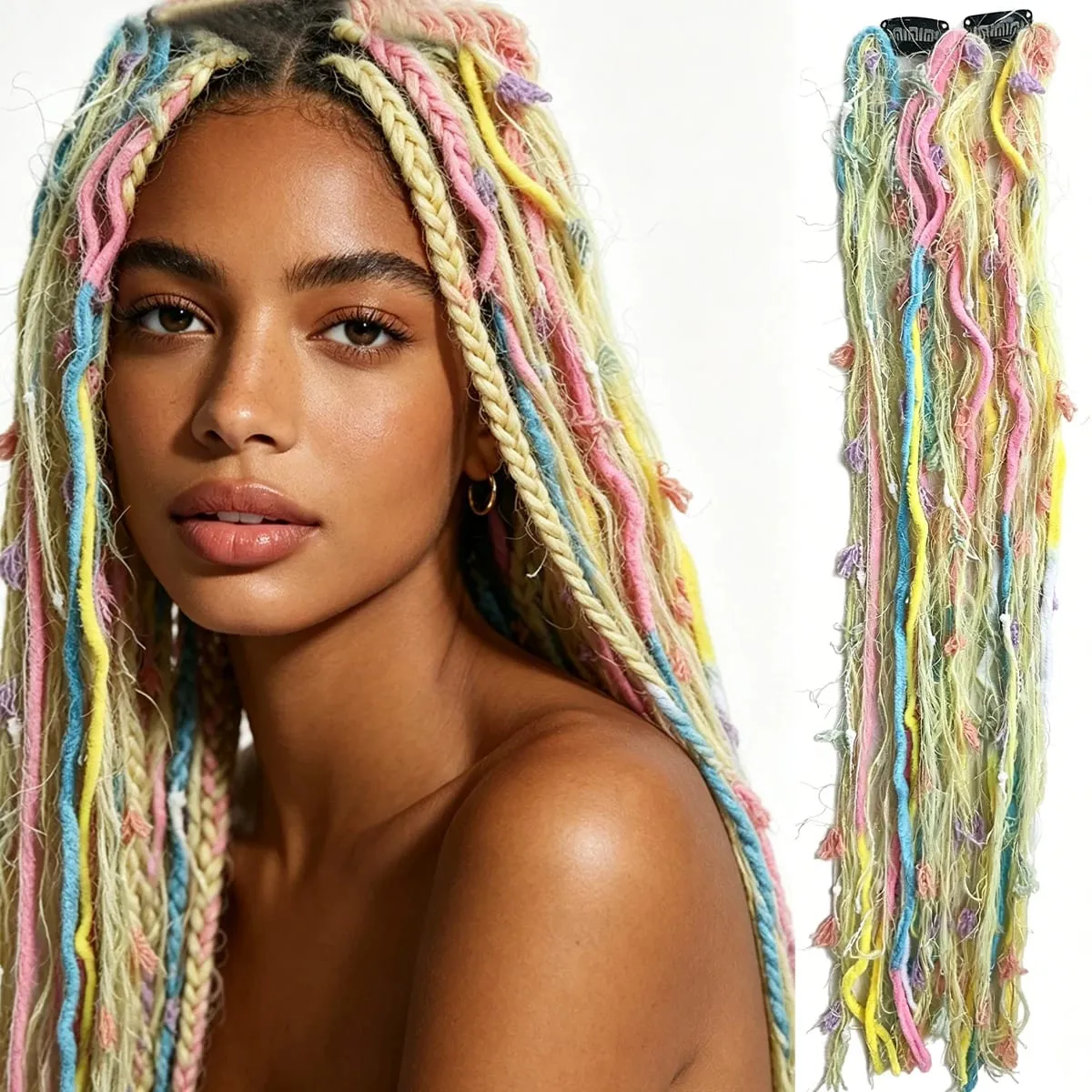 Sintetico 2 pezzi filato di lana Dreadlock clip estensioni dei capelli Maillard lungo Boho nappa colorata trecce vintage capelli per donna — image 11