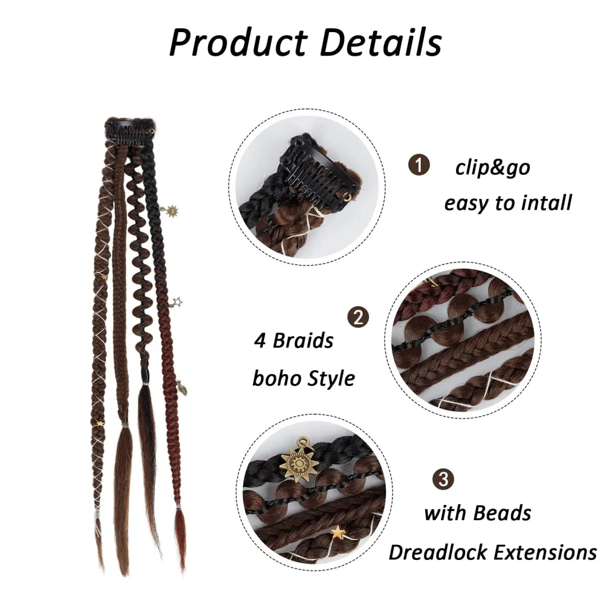 Kẹp trong bím tóc 2 CHIẾC 20Inch Phần mở rộng Dreadlock với Hạt & Dây Xích Viking Boho Bím Tóc cho Lễ Hội Cosplay Hàng Ngày Tạo Kiểu — image 5