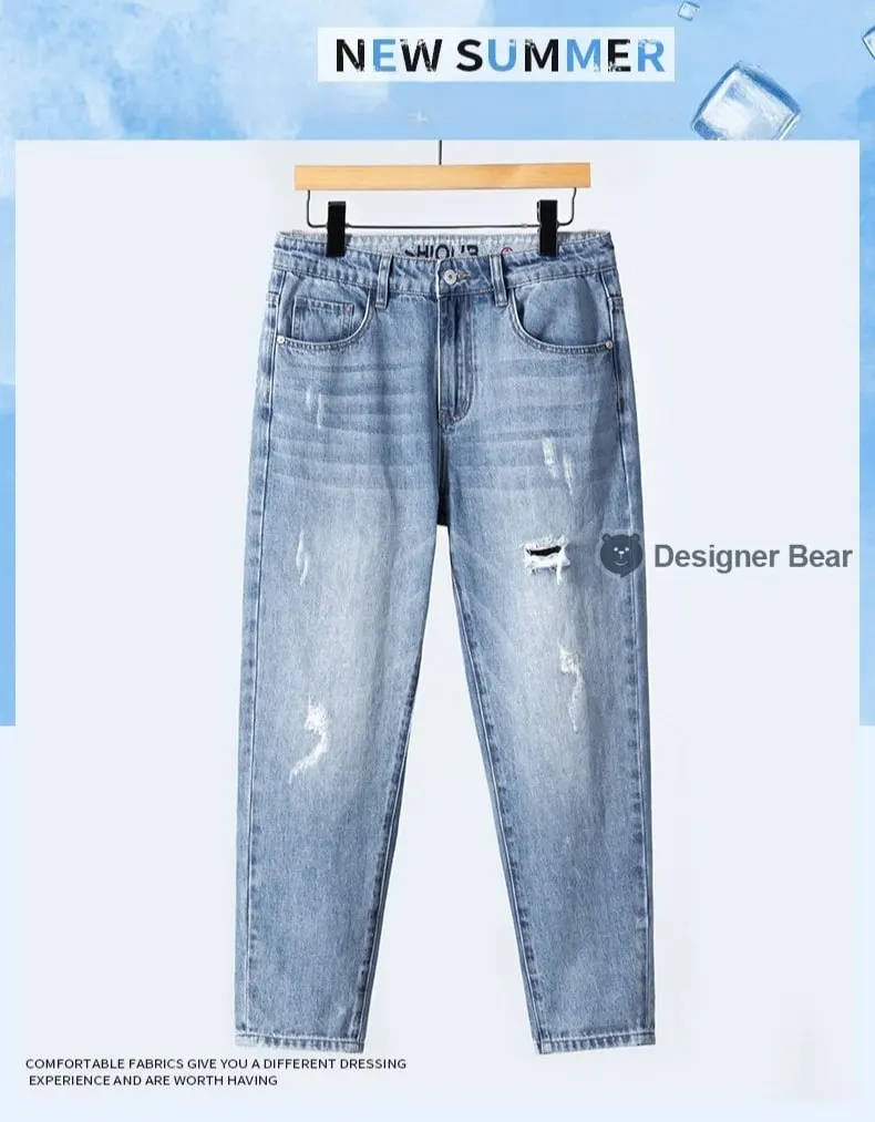 2026 Men's Spring Summer Ripped Hole Jeans Korean Style Straight Leg Casual Harem Denim Pants Distressed Washed Baggy Trousers — image 8