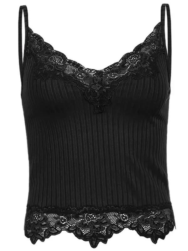 Gothic Basic Bodycon Women Camis Grunge Punk Black Casual Lace Trim Crop Tops Ribbed Backless Alt Clothes Summer — image 4