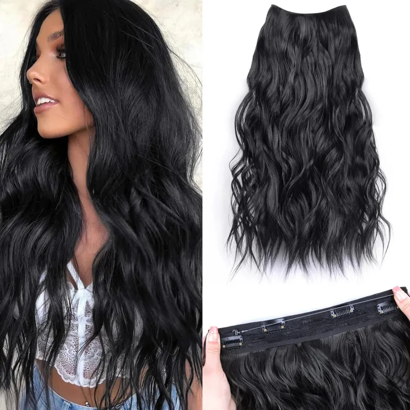 Extensions de cheveux synthétiques à fil Invisible, 4 Clips, ligne de poisson naturelle longue et ondulée, faux postiche une pièce pour femmes