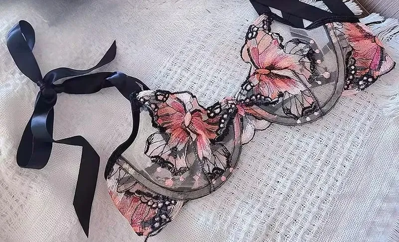 Reggente Pizzo Francese Farfalla Rete Trasparente Spalline Elastiche Senza Spugna 세트 Intimo S-XL Nuovo Morbido — image 8