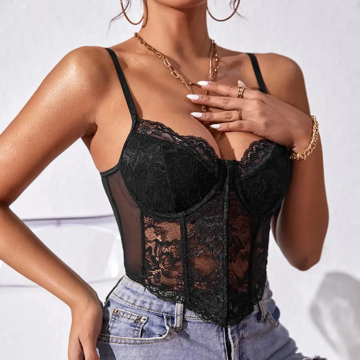 Sexy Lace V-neck Underwire Fishbone Floral Embroidery Backless Crop Tops Sheer Hottie Corset Hollowing Halter Shapewear Camisole — image 9