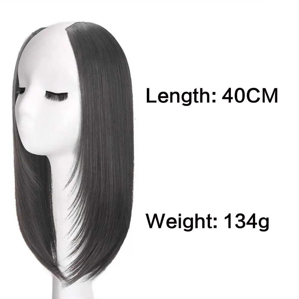 Extensions de cheveux synthétiques invisibles à Clip, Extensions capillaires courtes et lisses de Type U pour femmes, postiche demi-perruque féminine — image 5