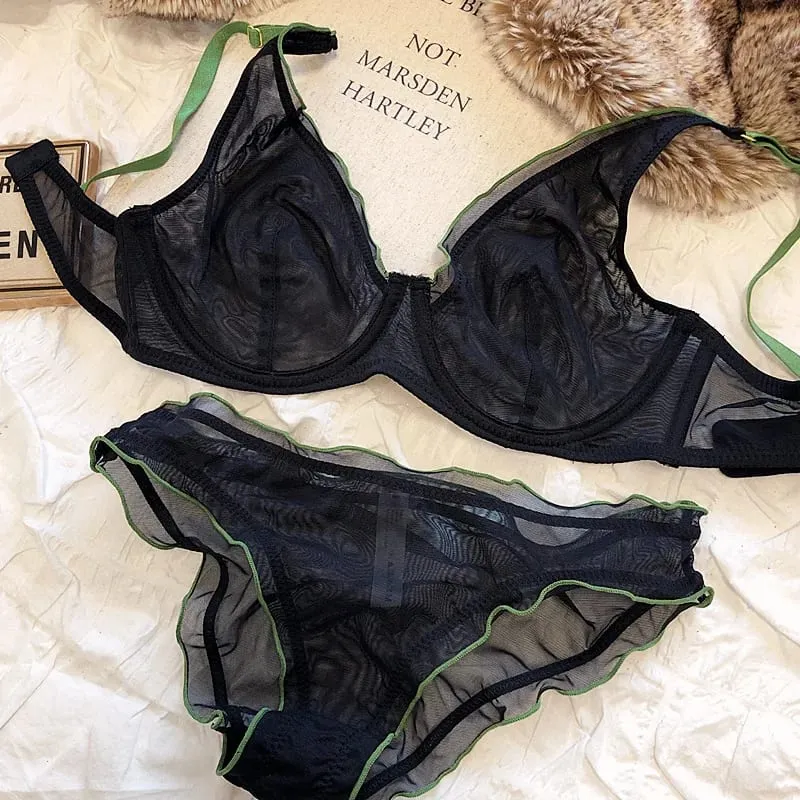 เซ็กซี่ภาษาฝรั่งเศสคำตาข่าย Bra Panty ชุด Ultra บาง Underwire Push Up Minimizer ชุดชั้นในสนับสนุนถ้วยสามเหลี่ยมสำหรับหน้าอกขนาดใหญ่ขนาดเล็กดู — image 12